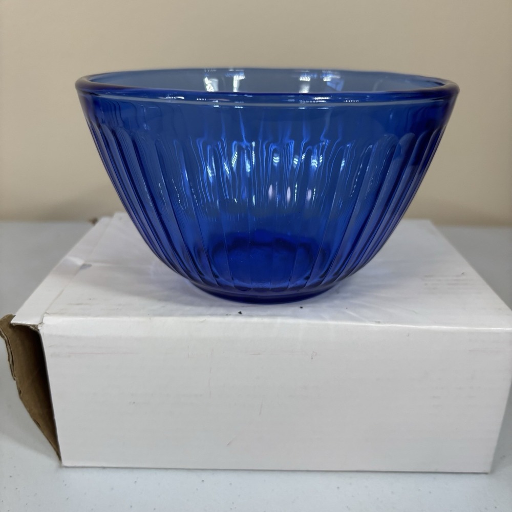Vtg Pyrex  3 Cup Mixing Serving Bowls Cobalt Blue Glass Ribbed 7401-S